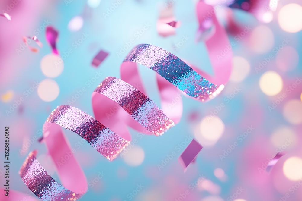 Poster bright multicolored glitter streamers twist and shimmer amidst floating confetti, creating a lively 