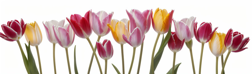 "Experience the elegance of spring.  
Vivid tulips gracefully arranged against a pure white background,  
highlighting the delicate beauty of seasonal blooms."