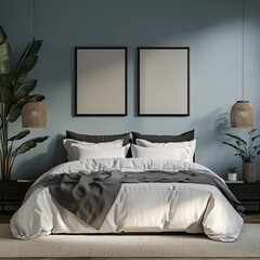 Serene Bedroom Interior with Neutral Decor Two Frames and Natural Light Accentuating Comfort