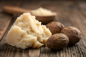 Unrefined raw shea butter with cracked nuts on a wooden surface