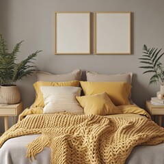 Serene Bedroom Interior with Plush Pillows Cozy Knit Blanket and Blank Frame Mockups Decor