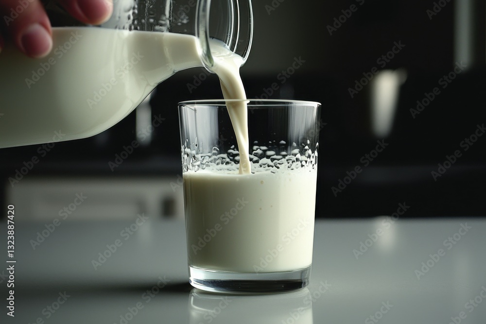 Aufkleber close-up of milk being poured from a clear glass pitcher into a textured glass, emphasizing freshnes