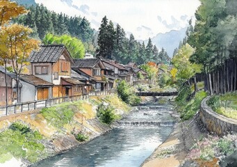 Fototapeta premium Rural Landscape with River Forest Traditional Houses