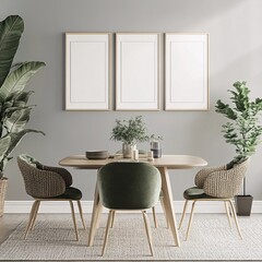 Serene Dining Area with Contemporary Furniture Plants and Framed Artwork Display in Neutral Decor