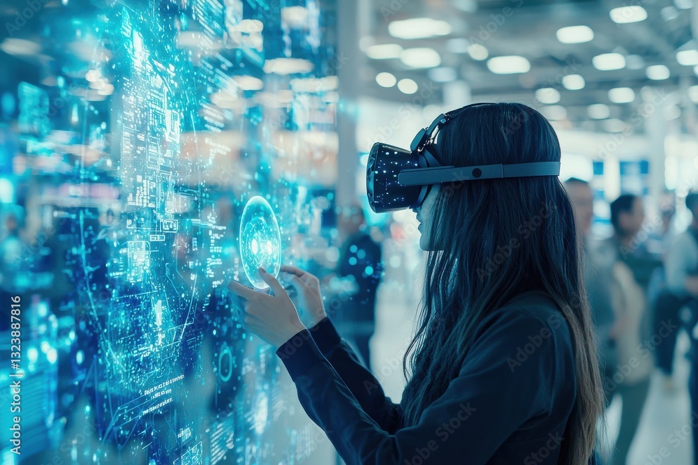 Poster a woman exploring a virtual world with a vr headset, interacting with futuristic data and holographi