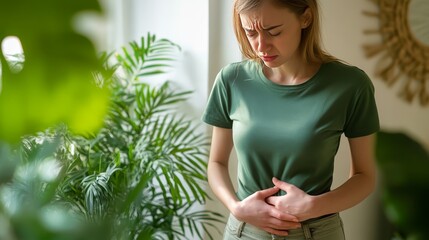 Young woman suffering from abdominal pain, representing common digestive issues, diet problems, and healthcare concerns related to gut health.