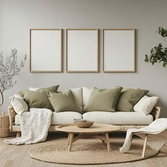 Serene Home Interior with Neutral Tones and Gallery Wall Featuring Three Blank Frames