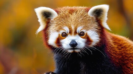 Fototapeta premium Close up portrait of a red panda against a blurred autumn background. Cute animal with reddish brown fur and a bushy tail.