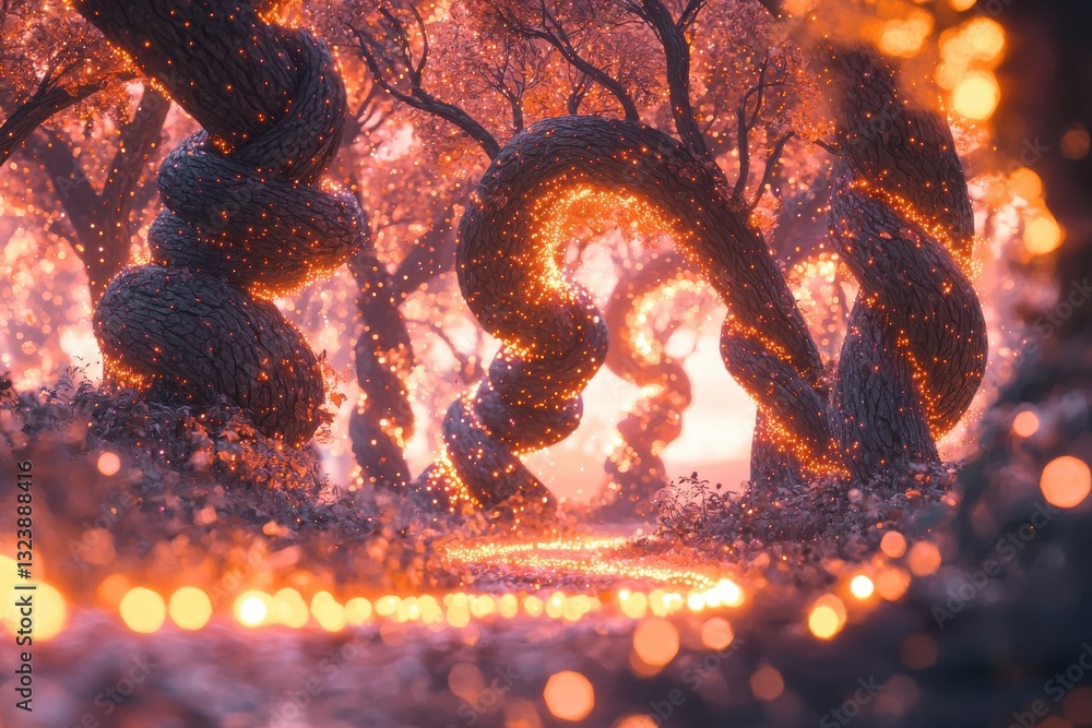 Poster a magical forest with twisted trees adorned with glowing orange lights, creating a warm and enchanti