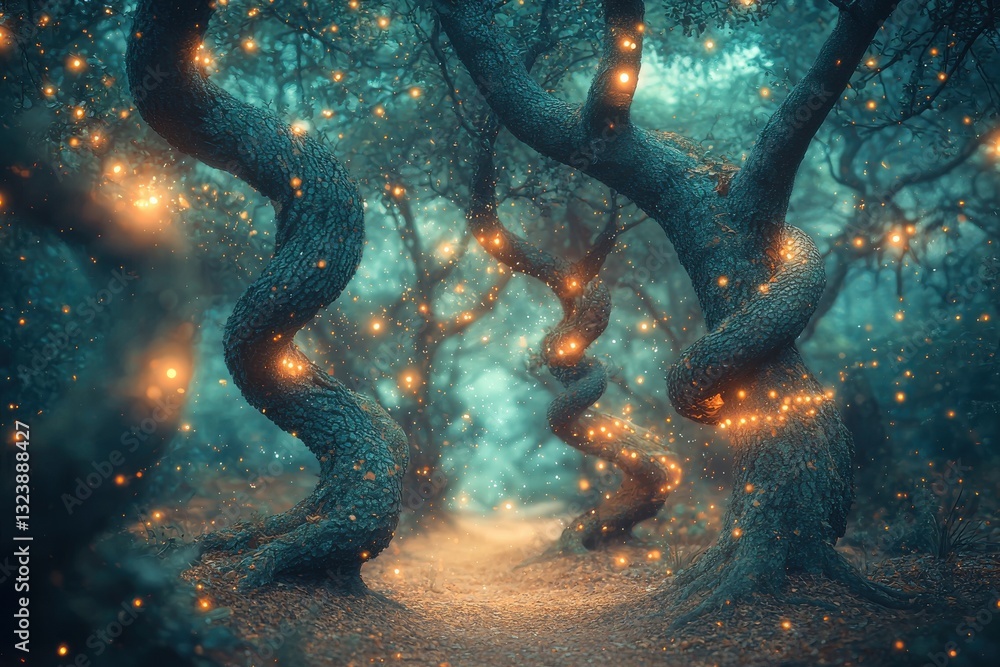 Poster an enchanting forest path with twisted trees adorned with glowing lights, creating a magical and eth