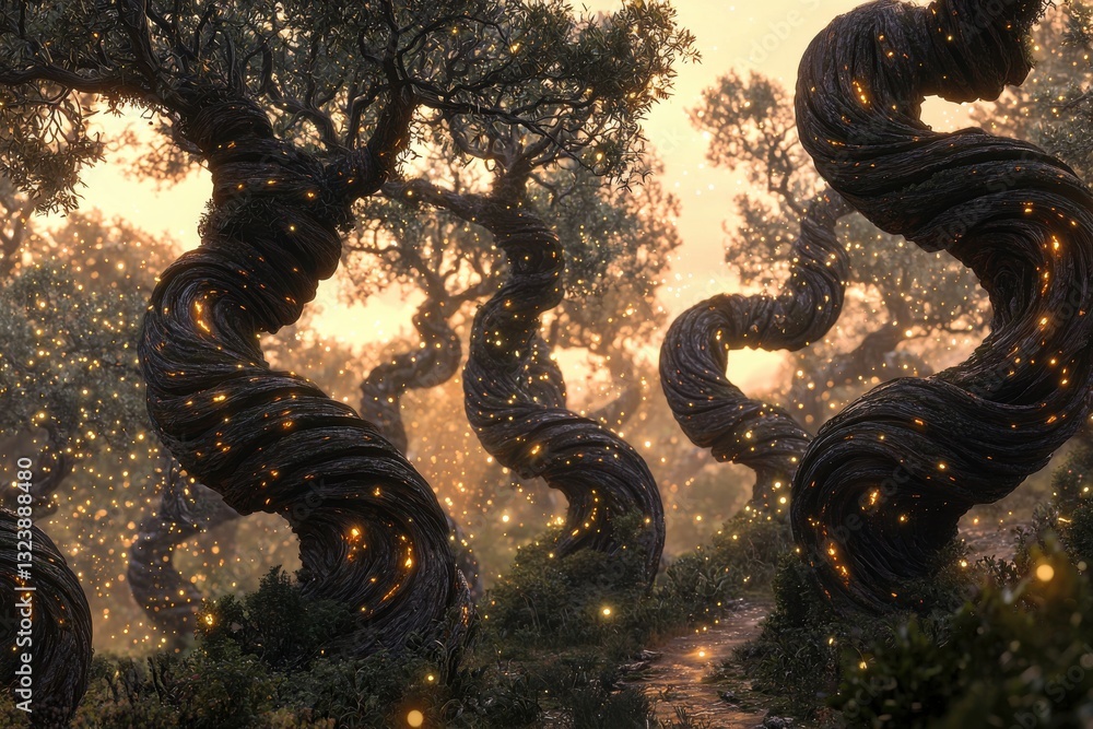 Poster enchanted forest featuring gnarled trees adorned with glowing lights, creating a mystical and serene