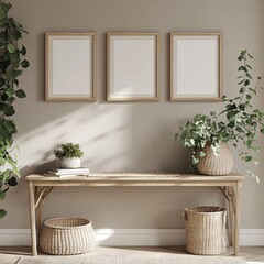 Serene Interior Featuring Minimalist Wooden Console with Three Frames and Natural Green Plants Decor
