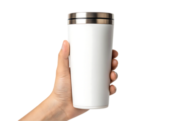 Hand holding a white travel mug. Mockup for branding.