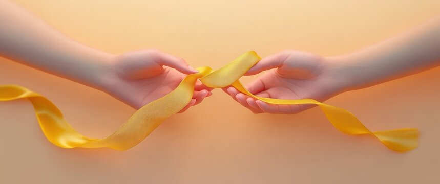 3D Hands Holding Yellow Ribbon for Suicide Prevention and Cancer Awareness