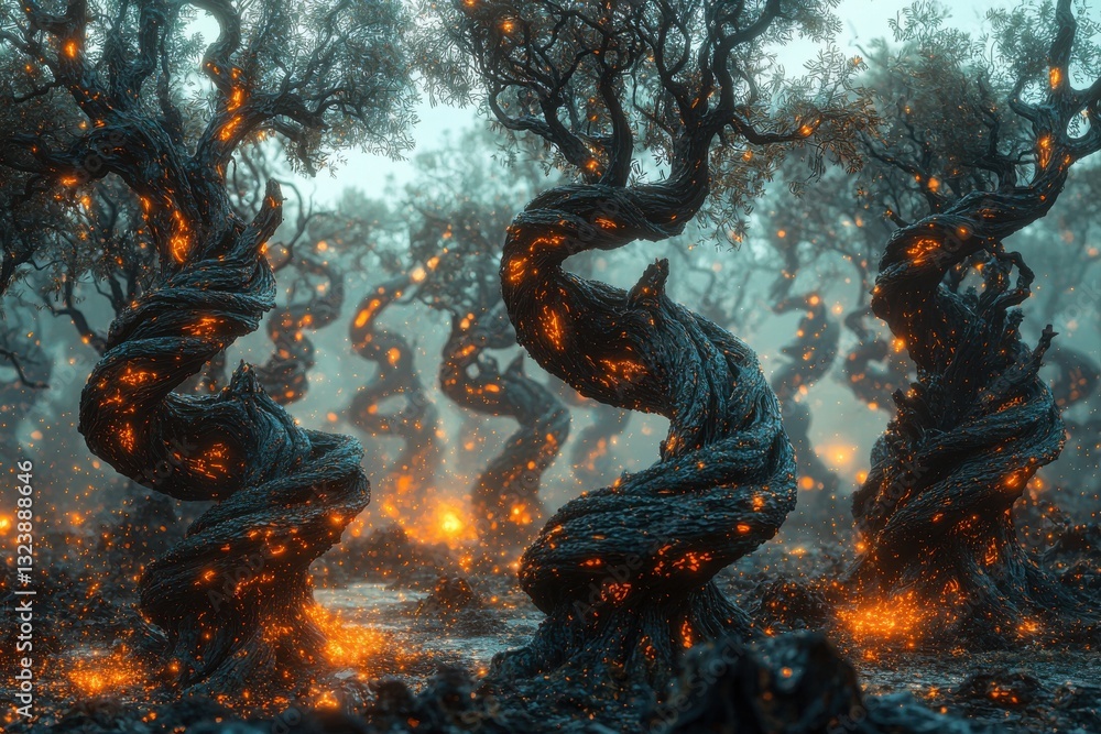 Poster mystical forest with twisted, glowing trees, illuminated by otherworldly lights, creating a fantasy 