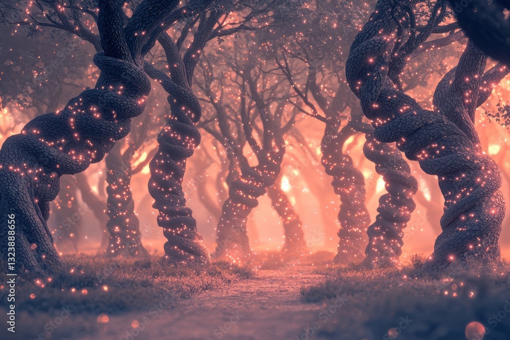 Poster an enchanting forest with twisted trees adorned with fairy lights, creating a magical and whimsical 