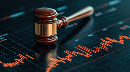 A gavel placed on a stock market chart showing financial trends and analysis.