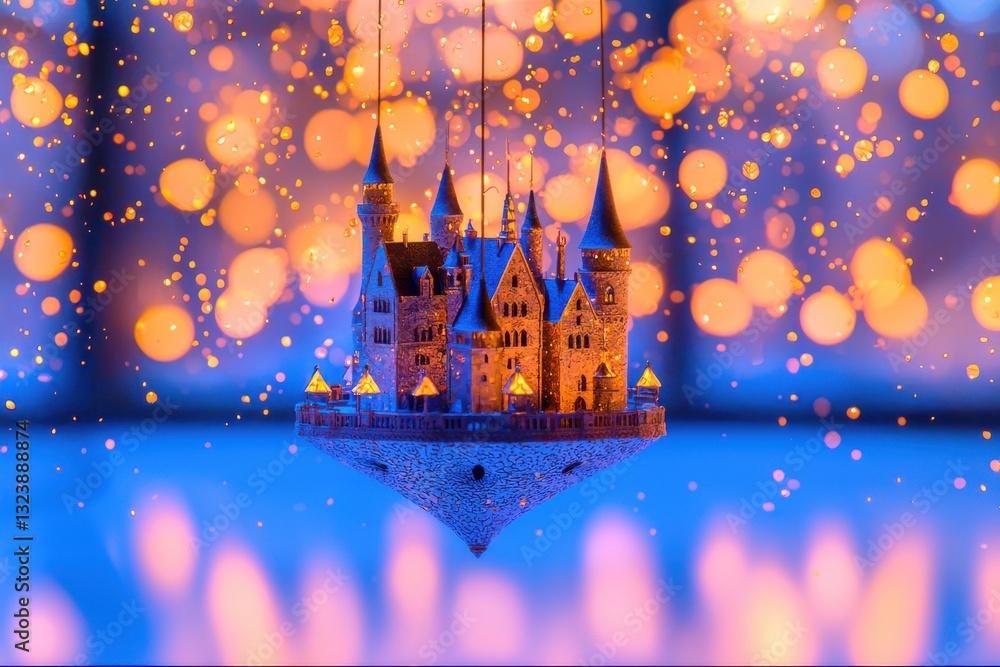 Poster a magical miniature castle hanging in a whimsical world of bokeh lights and sparkling dust, creating