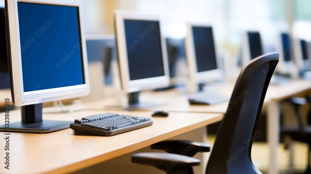 Aufkleber modern office workspace with computers and keyboard on desk, showcasing a productive environment