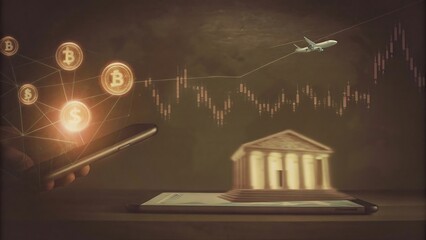 Naklejka premium Digital Finance Visualization: Illustrative composition symbolizing finance, business, and technological advancement. A phone displays bitcoin, the stock chart rises.