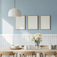 Serene Kitchen Still Life Featuring Daisies Light Fixture and Framed Wall Art Composition