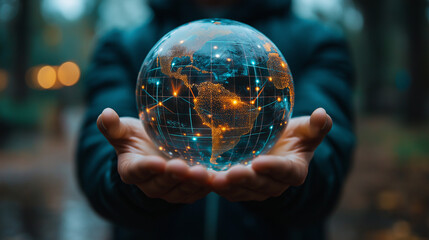 Abstract 3D globe with glowing connection lines, symbolizing global connectivity and digital networks.
