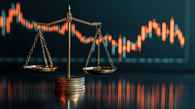 A golden scale symbolizes balance in finance and business with a stock market background.