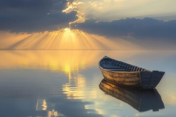 ancient wooden fishing boat on tranquil waters at dawn, with ethereal light breaking through clouds, creating golden pathways across the still sea surface reminiscent of biblical miracles