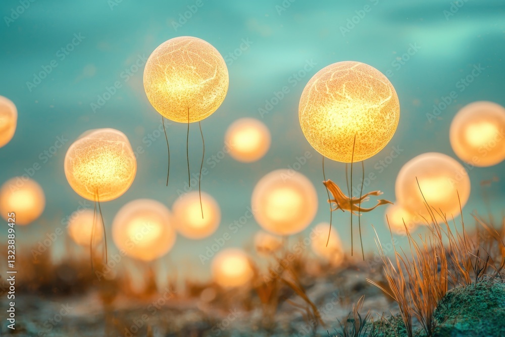 Poster dreamlike scene of glowing orbs floating above a textured landscape, creating a surreal and otherwor