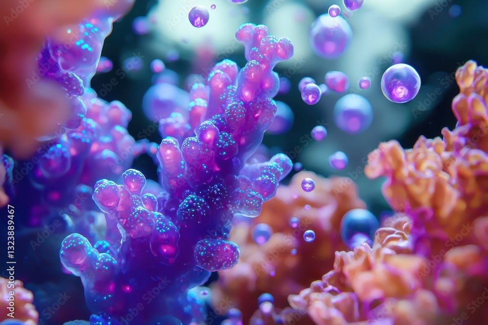 Poster an intricate close-up of vibrant coral reef, adorned with floating bubbles, creating an otherworldly