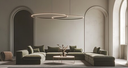 Elegant Atmosphere in Modern Living Room:  Green Velvet Sofa, Soft Lighting, and Minimalist Design. Close-Up View of Sophisticated Space.