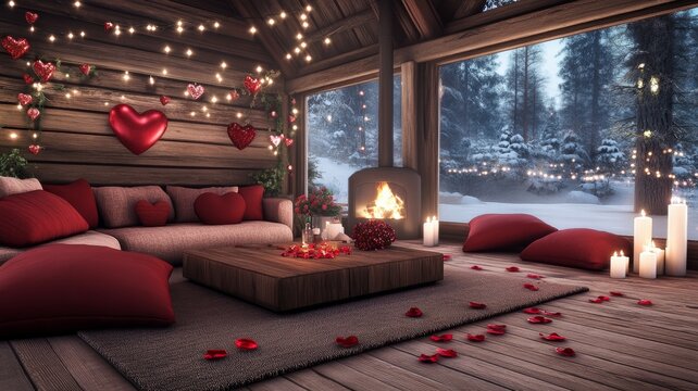 A cozy wooden cabin adorned with romantic Valentine's Day decorations. Generative AI - Powered by Adobe