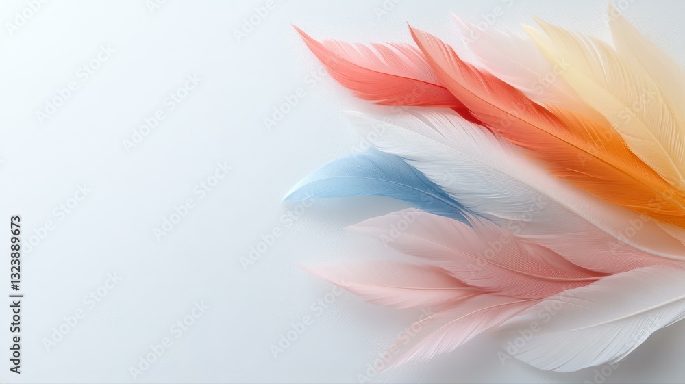 Poster colorful feathers on a white background, creating a minimalist and elegant composition. perfect for 