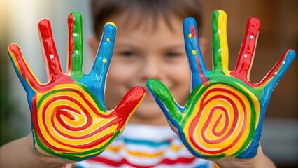 kids art craft and collage concept. A child displays colorful, painted hands with vibrant swirls.