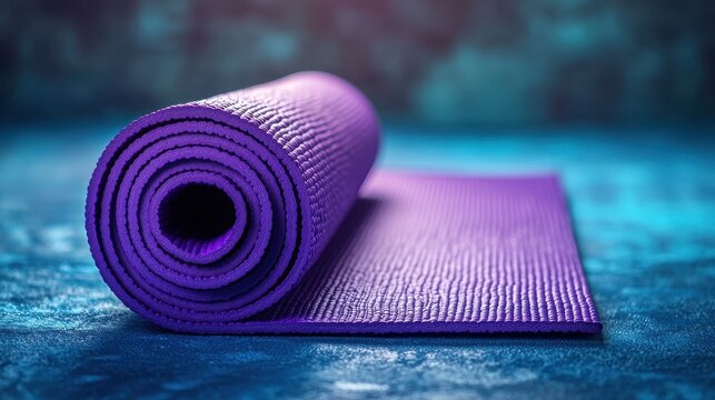 A close-up reveals a vibrant purple yoga mat, meticulously rolled and poised on a deep blue surface, ready for a rejuvenating yoga session.