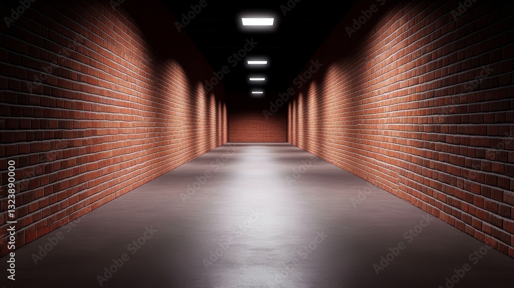 Poster dimly lit corridor with brick walls leading to a distant end, creating a mysterious atmosphere