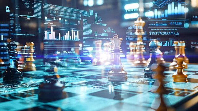 Chessboard of the Future: A strategic chessboard is overlaid with holographic data visualizations and dynamic charts, symbolizing complex decision-making in the world of business and technology. 