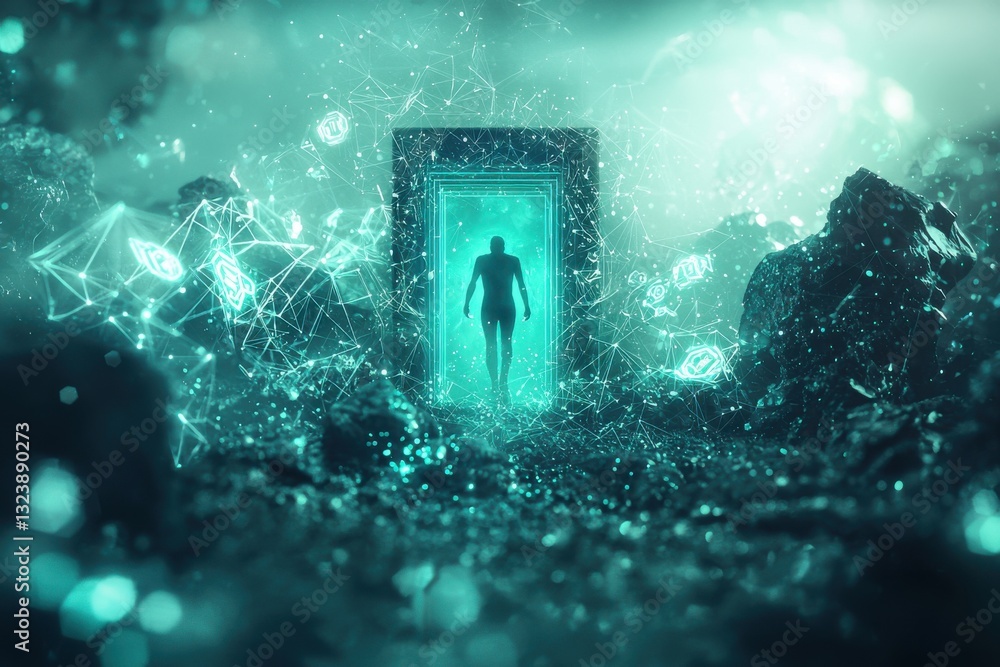 Poster a surreal digital landscape featuring a silhouette of a person stepping through a glowing portal, su