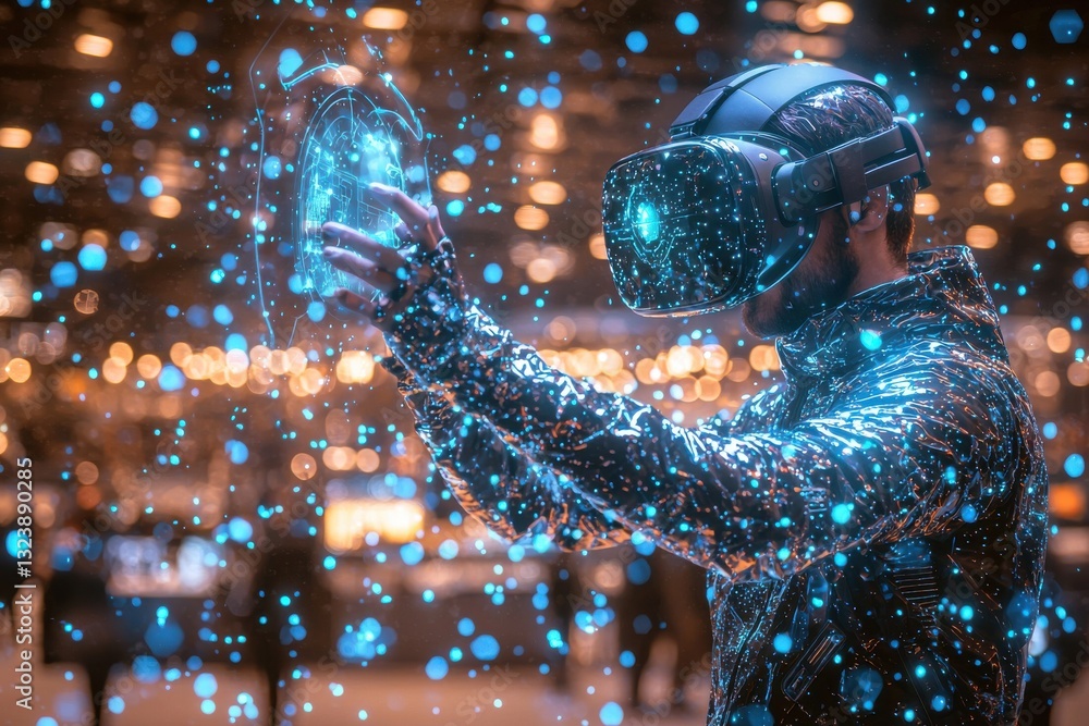 Poster an immersive virtual reality experience where a person wearing a vr headset interacts with a glowing