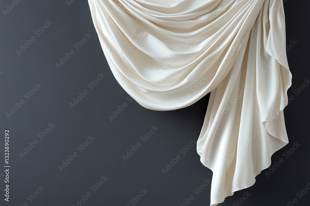 Poster long, flowing white silk streamers cascade gracefully, creating a soft contrast with the deep charco
