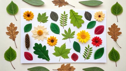kids art craft and collage concept. Colorful arrangement of leaves and flowers on a white background.
