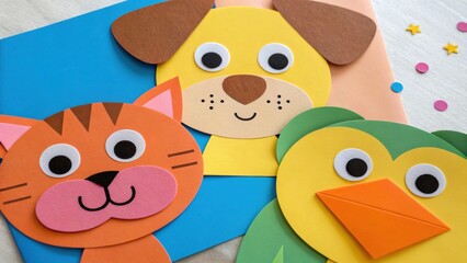 Fototapeta premium kids art craft and collage concept. Colorful paper animal crafts featuring a dog, cat, and bird.