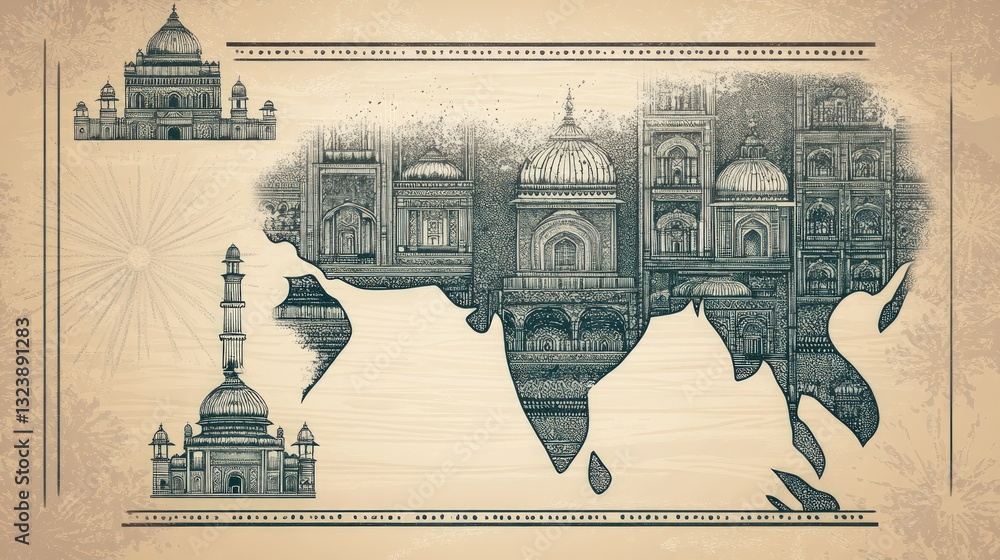 Poster illustration of world map with architectural structures in brown and teal color scheme