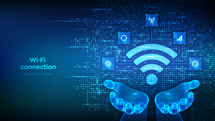 Wi-Fi network icon. Wi Fi sign made with binary code in hands. Wlan access, wireless hotspot signal. Mobile connection zone. Data transfer icons connections. Mobile transmission. Vector illustration.