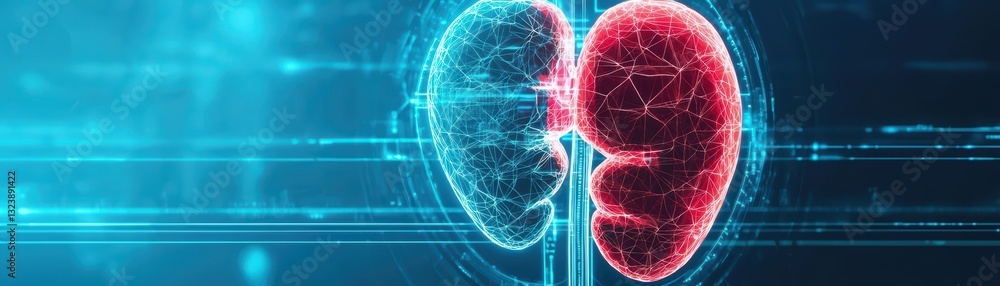 Poster advanced visualization of nephrology concept with minimalist glow effect on kidney image