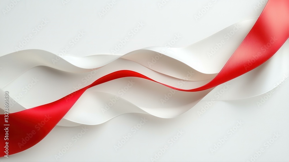 Poster flowing red and white ribbons intertwine on a clean background, creating a sense of movement and ele