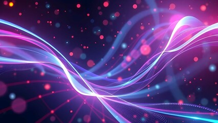 Obraz premium Vibrant neon waves illuminate a dark background, showcasing abstract motion and futuristic digital art with glowing pink and blue hues. Ai