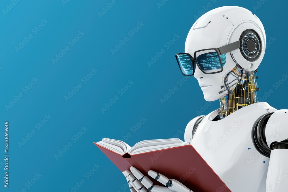 Aufkleber futuristic ai robot engaged in learning with book in a modern educational concept setting