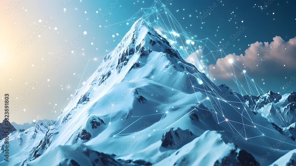 Poster a digital mountain being climbed by streams of data, struggling to reach the summit while surrounded