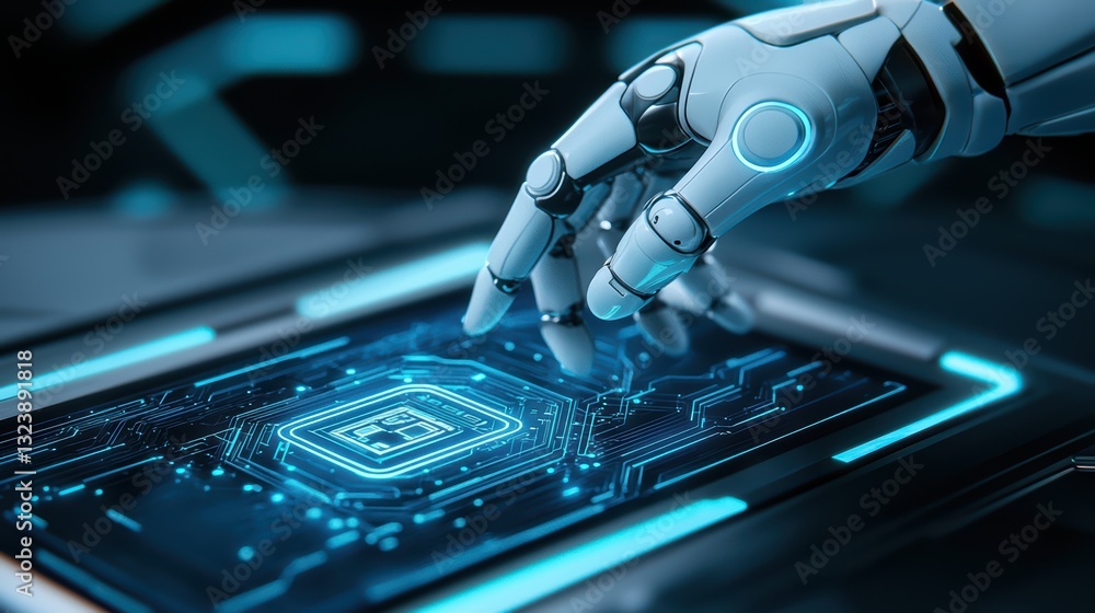 Poster futuristic robotic arm interacting with advanced tech interface in modern industry setting